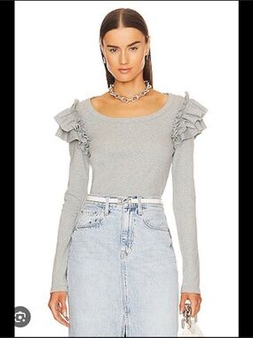 Veronica Beard Avedon Ruffle Shoulder Long-Sleeve Ribbed Top Light Gray sz Large